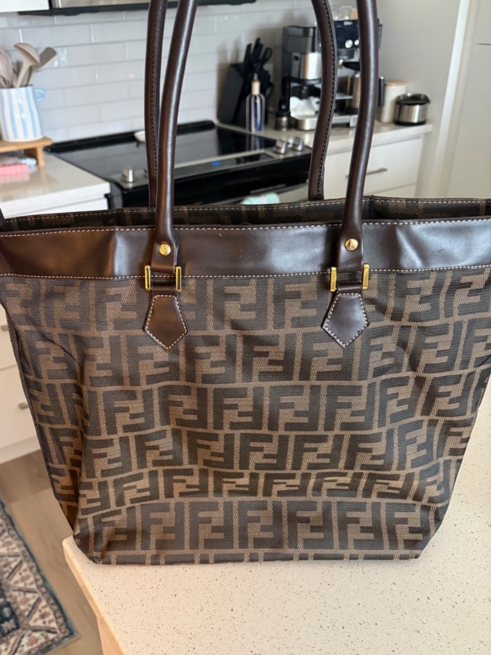 Fendi Brown Zucca Messenger Tote with Dark Leather Trim